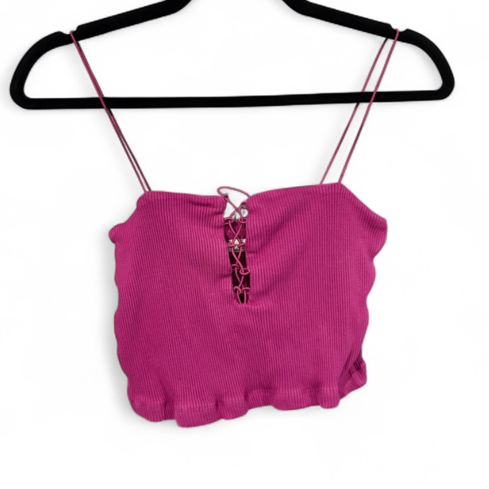 Intimately‎ Free People Ribbed Lace Up Cami Crop Top Magenta Purple XS